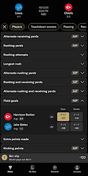 BetMGM Sportsbook betting slip (prop bet)