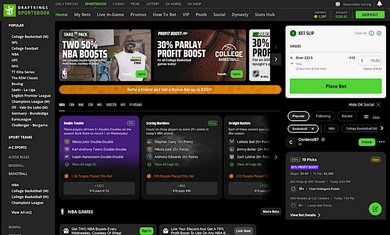 DraftKings Sportsbook desktop home page
