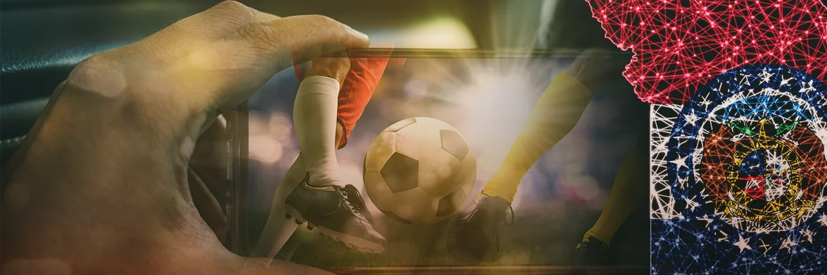 Person using a smartphone to view soccer action with a digital Missouri graphic overlay