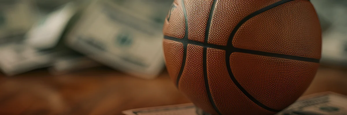 Close-up of a basketball on top of scattered dollar bills