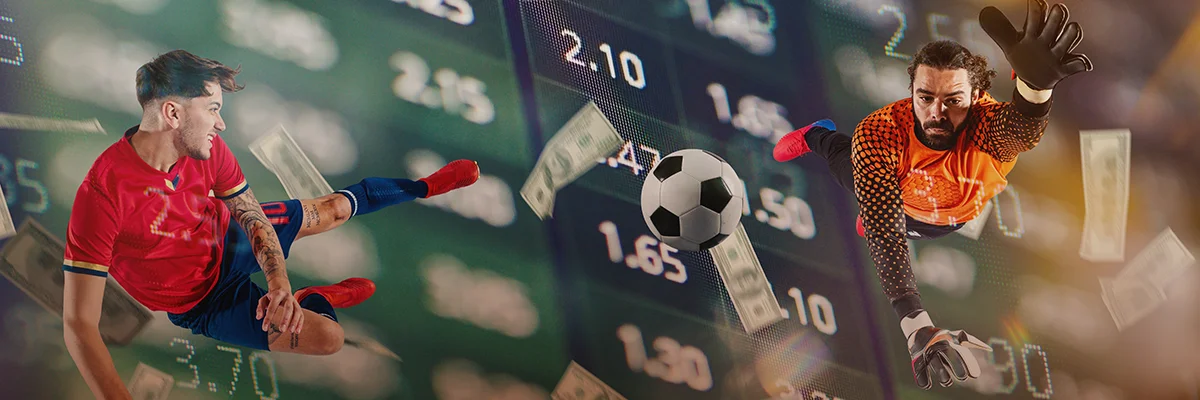 Soccer players in action with betting odds and money graphics in the background