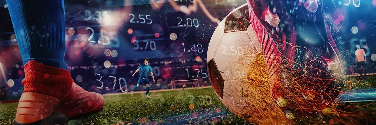 Soccer players on the field with betting odds overlaid on the image